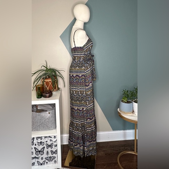 LUSH Boho Maxi Dress S Ethnic Print Navy Purple Sleeveless Ruffle Hem Festival - Picture 4 of 10